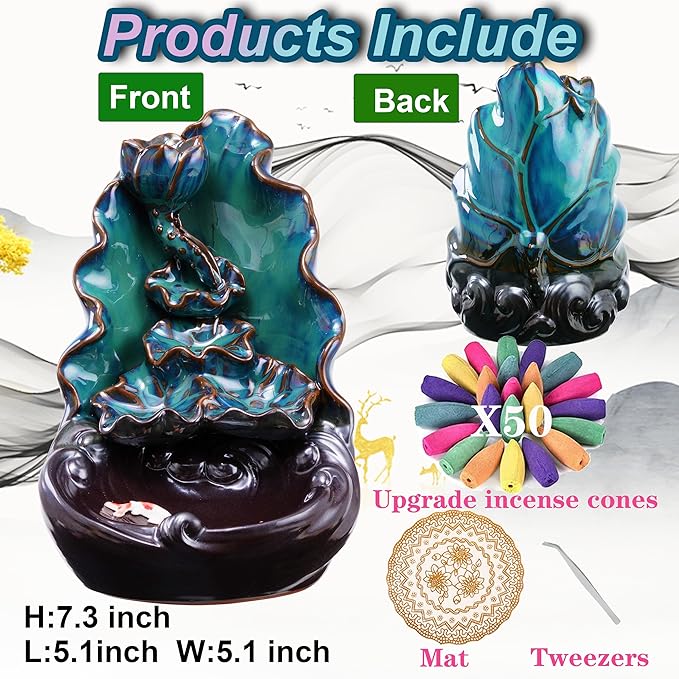 Mountain Waterfall Incense Burner，Backfall Incense Holder River, Incense Falls Meditation Decor for Room with Upgrade Incense Cones and Accessories (Lotus Leaf)