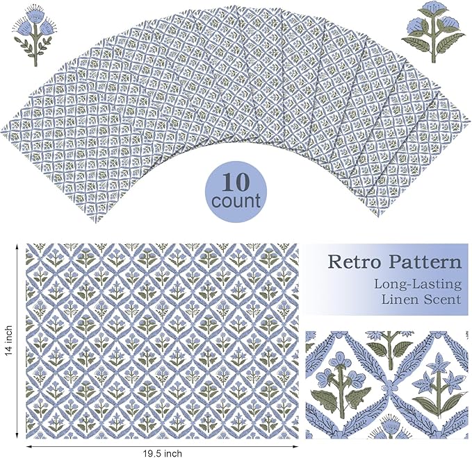 10 Sheets Drawer Liners for Dresser Scented Drawer Liners Non Adhesive Scented Paper for Fragrant Home Shelf Closet(Linen,Light Blue Pattern)
