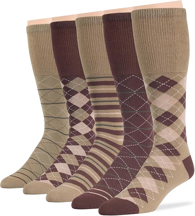 7BigStars Men's Diabetic Extra Wide Cotton Dress Business Mid Calf Socks - 5 PackBig Tall - Argyle, Stripe, Geometric - Sock Size 13-15 Shoe Size 12-15 XL Khaki, Brown