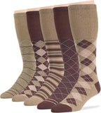 7BigStars Men's Diabetic Extra Wide Cotton Dress Business Mid Calf Socks - 5 Pack Large - Argyle, Stripe, Geometric - Sock Size 10-13 Shoe Size 9-12 L Khaki, Brown