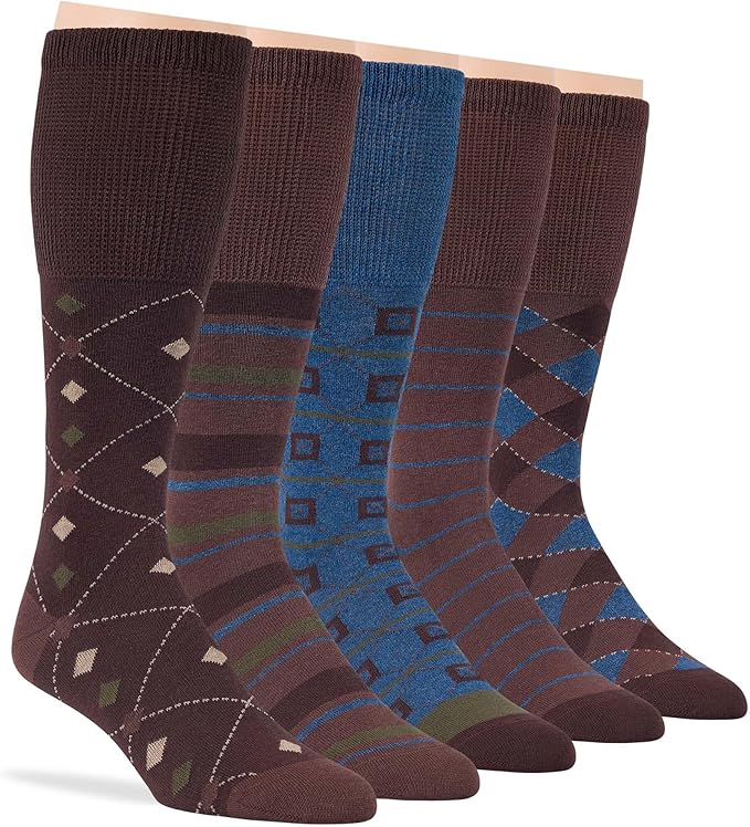 7BIGSTARS KINGDOM Men's Diabetic Fashion Non-Binding Cotton Dress Mid Calf Socks - 5 Pack Big Tall - Geometric, Argyle, Stripe - Sock Size 13-15 Shoe Size 12-15 XL Brown, Denim Blue