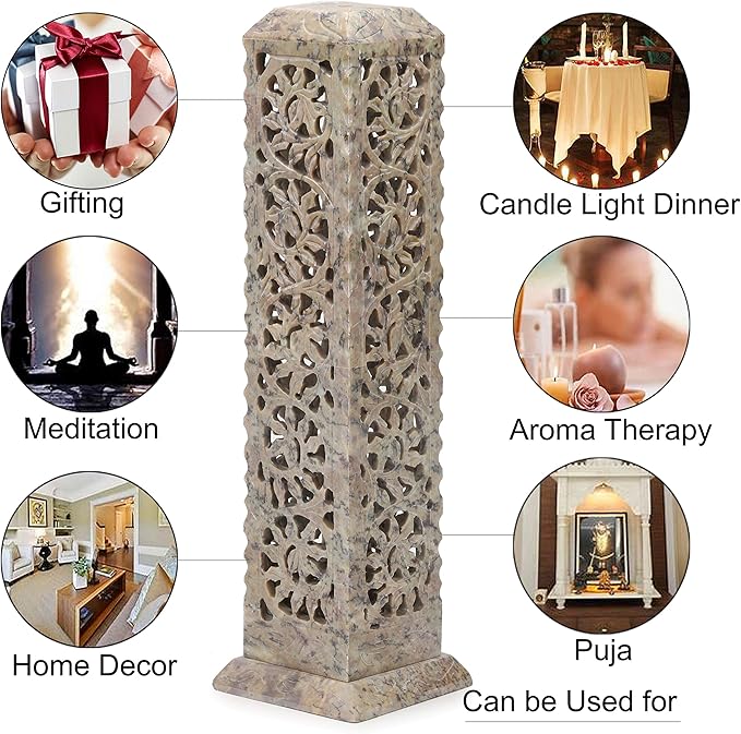 Carry Me Handmade Marble Soapstone Incense Stick Burner | Candle Stick Holder | Tea Light Stand - Perfect Incense Tower for Gifting. Decorative Home and Kitchen Decor (3 x 3 x 11 Inches)