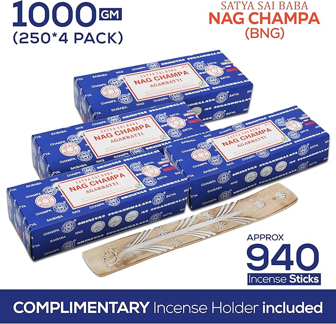 Raajsee Incense Holder Bundle with Satya Nagchampa Incense Sticks 250 gmx 4 Pack (1000 gm), Satya BNG (Bangalore) Insenses, Satya Nagchampa Natural Insence