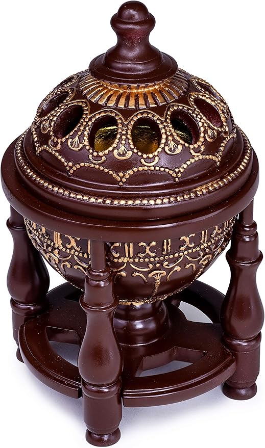 AM Charcoal Incense Burner - Bakhoor Burner, Oud Frankincense Resin Burner for Office & Home Decor - Lavish 4 Pillar (Brown)