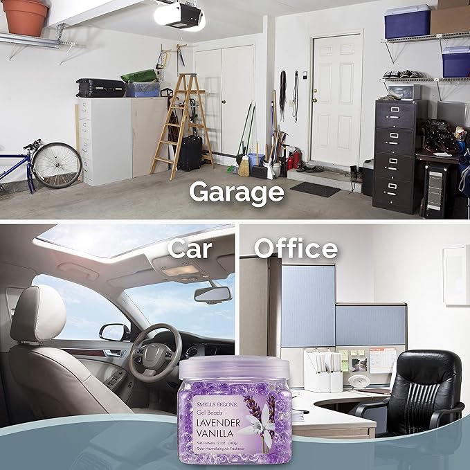 SMELLS BEGONE Odor Eliminator Gel Beads - 12 oz, Pack of 6 - Eliminates Odor in Bathrooms, Cars, Boats, RVs & Pet Areas - Air Freshener - Made with Essential Oils - Lavender Vanilla Scent