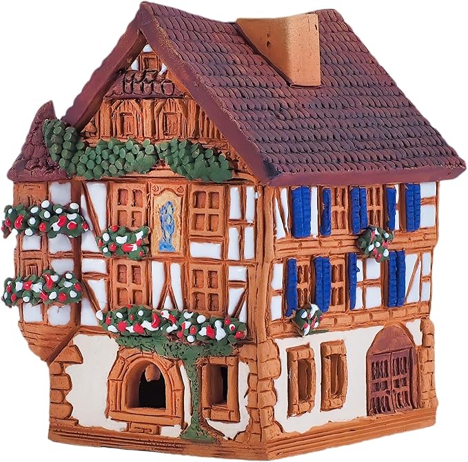 Ceramic Art Cone Incense Holder Room Decoration Handcrafted Collectible Miniature Historical Timbered House in Kaysersberg, Alsace, France R264