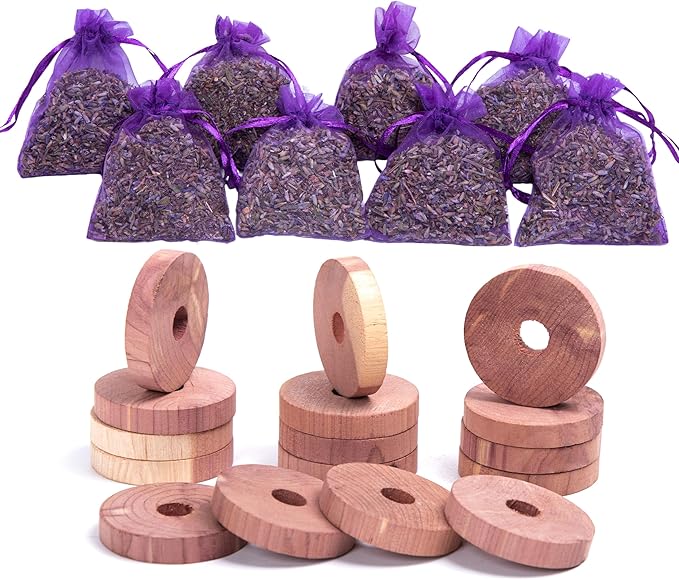 Pack of 16 Cedar Blocks and 8 Lavender Flower Sachets Craft Bag, Drawer Freshener, Linen, Shower Favor, Wedding and More, LV-E-LC-1