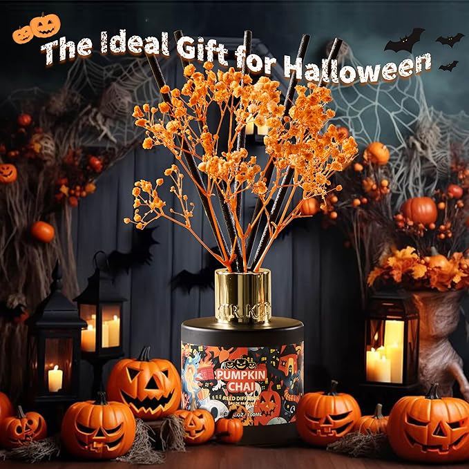 Airkeep Reed Diffuser Set,3.38 fl oz (100 ml) - Pumpkin Chai Oil Diffusers with 8 Reed Sticks, Home Fragrance Reed Diffuser for Bathroom Shelf Decor
