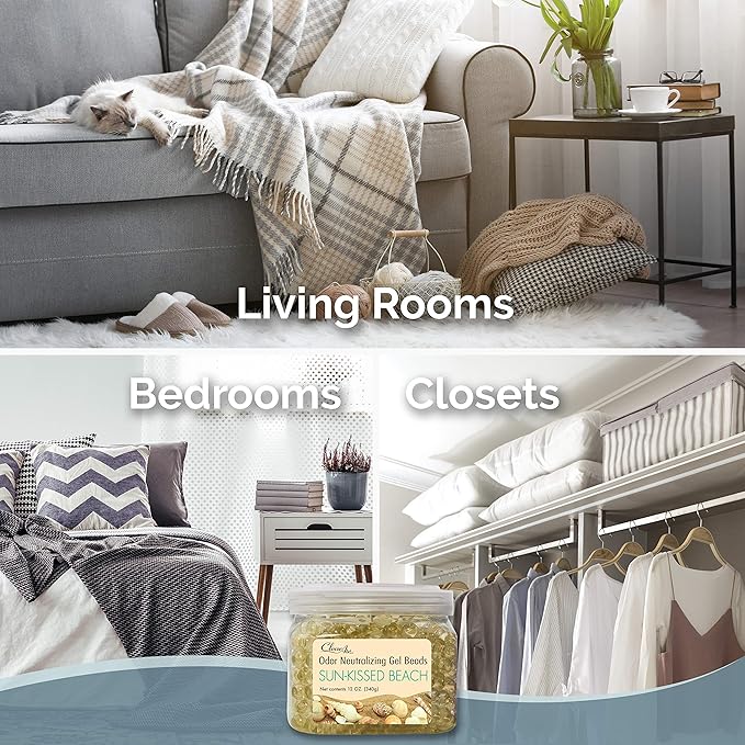 Clear Air Odor Eliminator Gel Beads - 12 oz, Pack of 2 - Air Freshener Made with Essential Oils - Eliminates Odors in Bathrooms, Cars, Boats, RVs & Pet Areas - Sun-Kissed Beach Scent