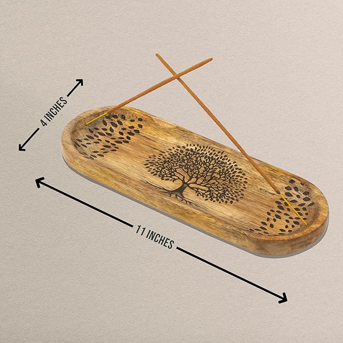 Incense Holder for Sticks Hand Carved - Tree of Life - Incense Burner/Ash Catcher- Handmade Wooden Insence Tray – Modern Gift Home/Room/Kitchen Décor 11x4x1.5 Inch