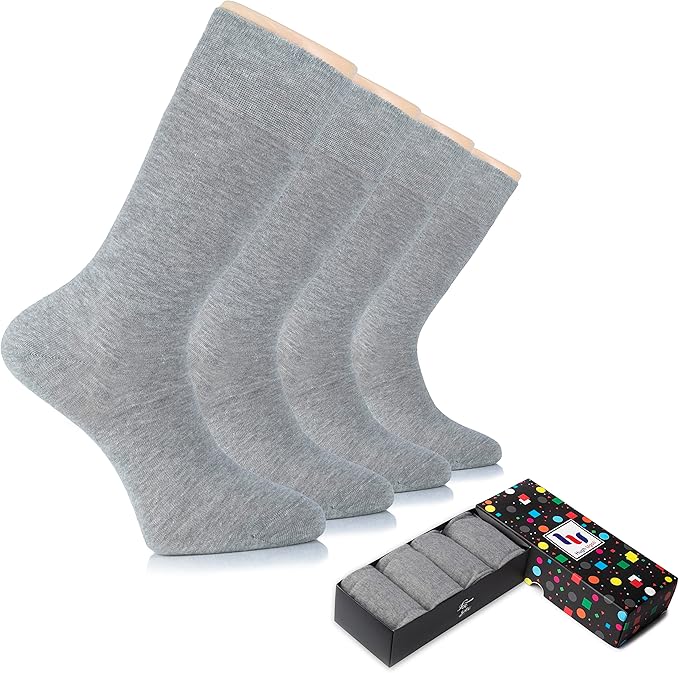Hugh Ugoli Men's Cotton Dress Socks for Business & Trouser, Thin & Seamless Crew Socks, 4 Pairs with Gift Box, Shoe Size 8-12