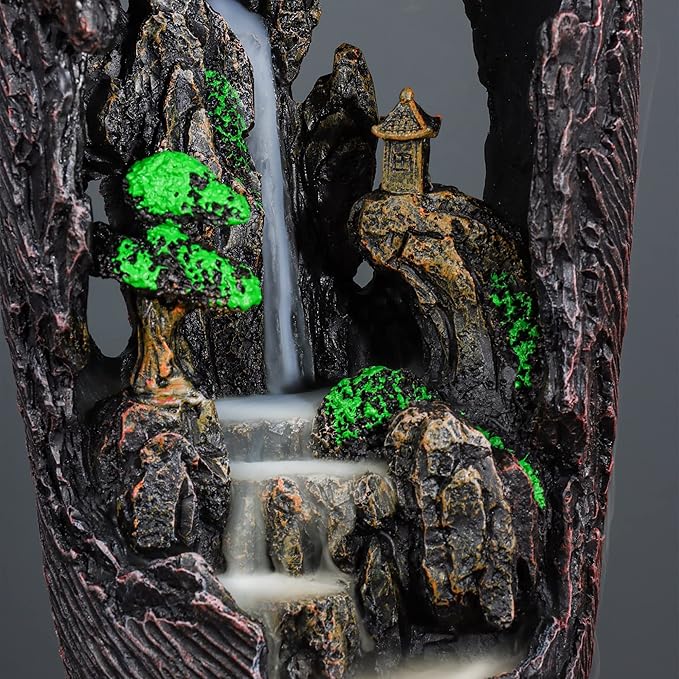 Mountain Waterfall Incense Burner Backflow Incense Burner Incense Fountain Smoke Waterfall with 20 Backflow Incense Cones，Tweezer，Mat (Vase Shape)