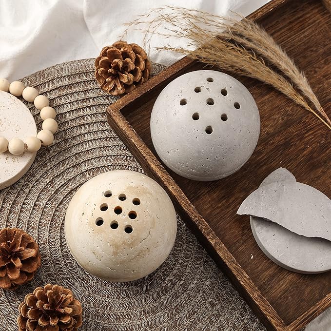 Natural Travertine Incense Cone Holder, Handmade Stone Sphere Incense Burner for Medication Yoga Home Décor 4.1 inches