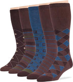 7BIGSTARS KINGDOM Men's Diabetic Fashion Non-Binding Cotton Dress Mid Calf Socks - 5 Pack Big Tall - Geometric, Argyle, Stripe - Sock Size 13-15 Shoe Size 12-15 XL Brown, Denim Blue