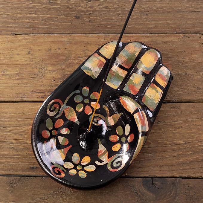 NOVICA Artisan Handmade Ceramic Incense Holder Colorful Hamsa Amulet Black Multicolor Peru 'Colorful Hamsa'