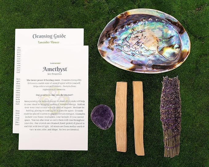 Spiritual Items - Lavender Flower Smudge Stick ~ Abalone Shell for Smudging ~ Palo Santo Sticks ~ 2 in Tripod Stand ~ 8-9 in Feather and White Sand