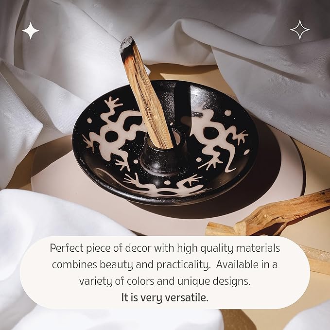 Luna Sundara Authentic Peru Pottery Palo Santo Stick and Incense Holder - Includes 5 Palo Santo Sticks - Handmade Ceramic Smudge Bowl Sage Holder - Black and White Lizard