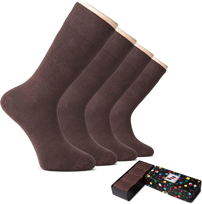 Hugh Ugoli Men's Bamboo Dress Socks for Business & Trouser, Thin & Seamless Crew Socks, 4 Pairs with Gift Box, Shoe Size 8-12