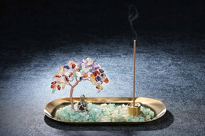 Jovivi Crystal Incense Holder for Sticks, Rose Quartz Healing Crystal Stone Money Tree Buddha Statue Set Incense Burner, Incense Trays for Wealth, Good Luck,Yoga Meditation Home Decor