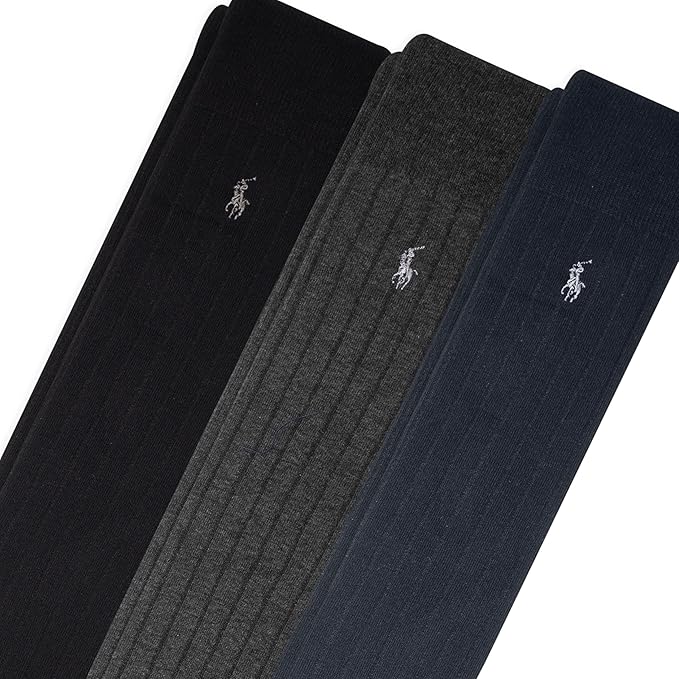 POLO RALPH LAUREN Mens Mercerized Cotton Ribbed Dress OTC Socks 3 Pair Pack Reinforced Cotton Comfort