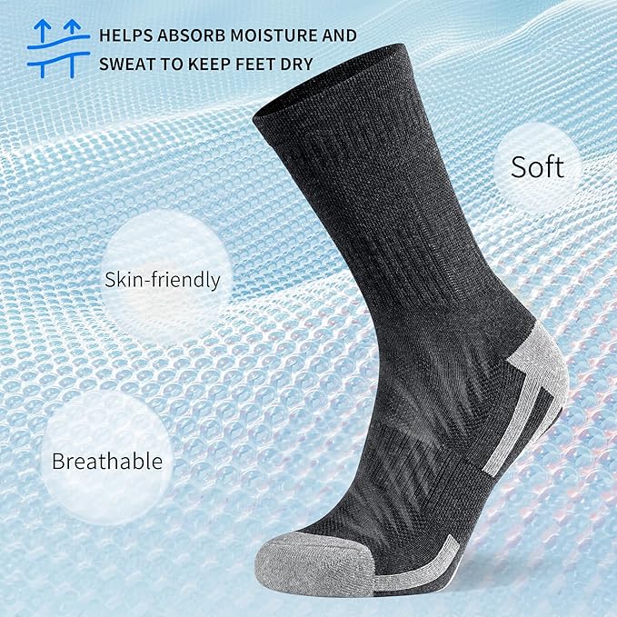 Men's Cotton Crew Work Socks, 3 Pairs Cushioned Moisture-Wicking Athletic Socks for Hiking Sports Running