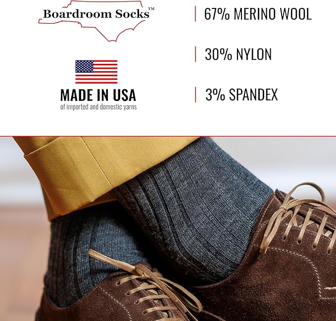 Merino Wool Mid-Calf Dress Socks for Men, Ribbed Dress Socks