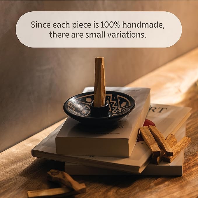 Luna Sundara Authentic Peru Pottery Palo Santo Stick Holder and Incense Holder Includes 5 Palo Santo Sticks Handmade Ceramic Smudge Bowl Sage Holder Palo Santo Holder (Black and White)