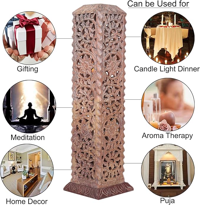 Carry Me Handmade Marble Soapstone Incense Stick Burner | Candle Stick Holder | Tea Light Stand - Floral Carving for Gifting. Decorative Incense Tower for Home and Office Decor. (3x3x11 Inches)