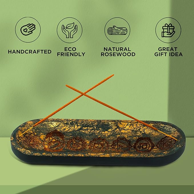 Hand Carved Incense Holder-Incense Burner/Ash Catcher/Handmade Wooden Insence Tray – Modern Gift Home/Room/Seven Chakra Blue Gold Kitchen Décor Size 11x4x1.5 Inches