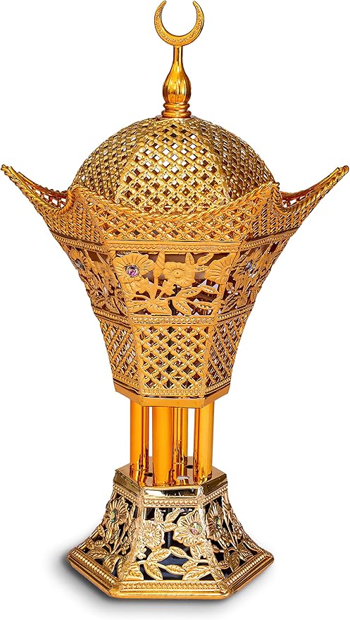 AM Bakhoor Charcoal Incense Burner – Luxury Gold Frankincense Resin Burner for Oud, Bakhoor, Incense Sticks & Cones – Decorative Metal Holder with Removable Lid & Safe Flame Control (Gold)