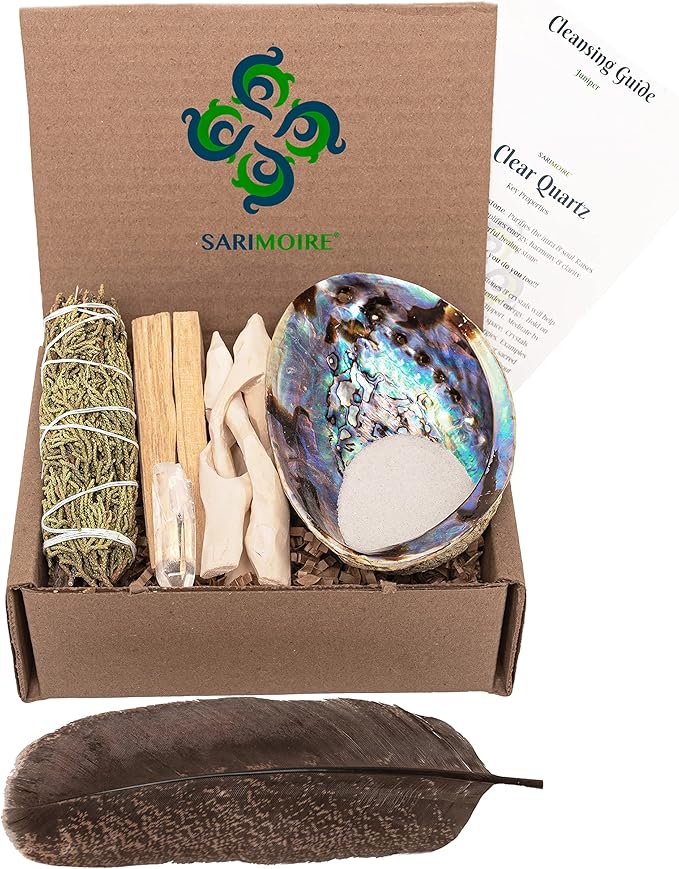 Spiritual Items - Juniper Smudge Stick ~ Abalone Shell for Smudging ~ Palo Santo Sticks ~ 2 inchTripod Stand ~ 8 inch Feather and White Sand