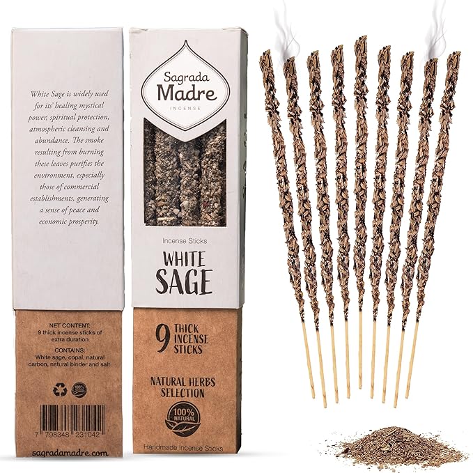 9 pcs Wildly Harvested - White Sage Incense Sticks, 7" Long - Thick Aromatic Incense Sticks (45-55 min Burning Time) to Neutralize Negative Energies & Harmonizing Spaces