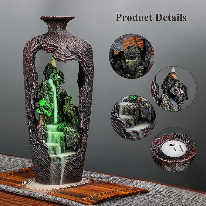 Mountain Waterfall Incense Burner Backflow Incense Burner Incense Fountain Smoke Waterfall with 20 Backflow Incense Cones，Tweezer，Mat (Vase Shape)