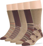 7BIGSTARS KINGDOM Men's Diabetic Extra Wide Dress Crew Socks - 5 Pack Big Tall - Argyle, Stripe, Geometric Pattern - Sock Size 13-15 Shoe Size 12-15 XL Khaki, Brown, Beige