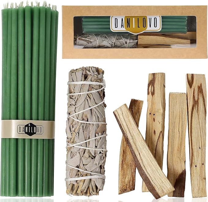 Danilovo Smudging Kit – 5 Palo Santo Sticks, 1 White Sage Smudge Stick and 50 pcs Beeswax Taper Candles Set for Meditation, Cleansing, and Spiritual Practices, Handcrafted, Eco-Friendly