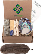 Sage Kit - Common Sage Smudge Stick ~ Abalone Shell for Smudging ~ Palo Santo Sticks ~ 2 inchTripod Stand ~ 8 inch Feather and White Sand