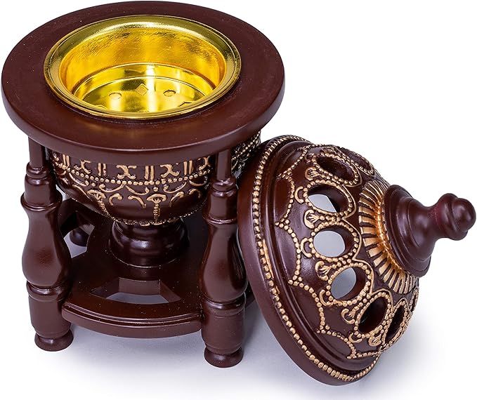 AM Charcoal Incense Burner - Bakhoor Burner, Oud Frankincense Resin Burner for Office & Home Decor - Lavish 4 Pillar (Brown)