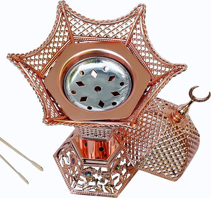 AM Bakhoor Charcoal Incense Burner - Oud Frankincense Resin Burner 10.5 Inches Tall - for Bakhoor Oud Incense Sticks Cones - Luxury Filigree (Rose Gold)