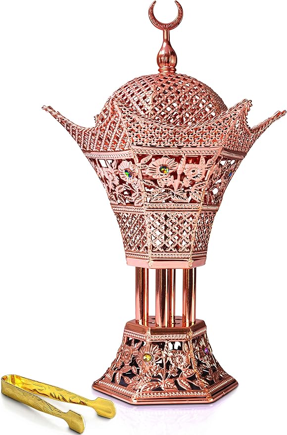 AM Bakhoor Charcoal Incense Burner - Oud Frankincense Resin Burner 10.5 Inches Tall - for Bakhoor Oud Incense Sticks Cones - Luxury Filigree (Rose Gold)