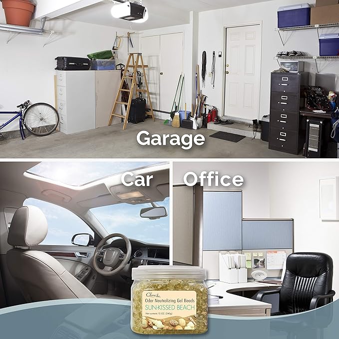 Clear Air Odor Eliminator Gel Beads - 12 oz, Pack of 2 - Air Freshener Made with Essential Oils - Eliminates Odors in Bathrooms, Cars, Boats, RVs & Pet Areas - Sun-Kissed Beach Scent