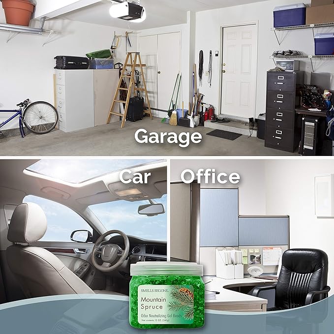 SMELLS BEGONE Odor Eliminator Gel Beads - Air Freshener - Made with Essential Oils - Eliminates Odors in Pet Areas, Bathrooms, Boats, RVs & Cars - Mountain Spruce Scent - 12 Ounce - 2 Pack