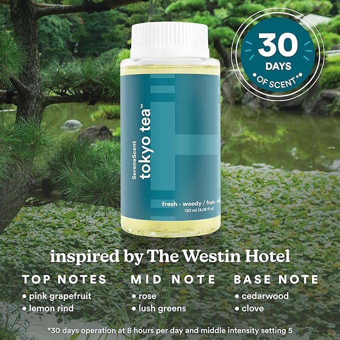 Homedics SereneScent Tokyo Tea, Fresh & Woody Home Waterless Diffuser Fragrance Oil, 120 ml, for use with Homedics SereneScent Diffusers (ARMH-970/973), Clean & Natural, up to 100% USDA Biobased