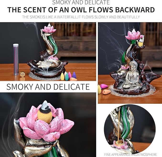 Waterfall Incense Burner, River Incense Holder, Meditation Decor with Upgrade Incense Cones and Accessories (Lotus Hand)
