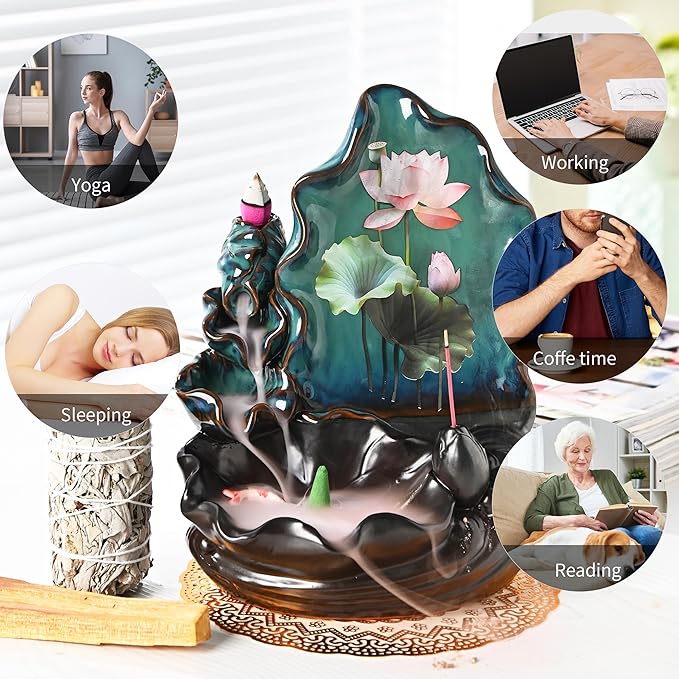 Mountain Waterfall Incense Burner，Backfall Incense Holder River, Incense Falls Meditation Decor for Room with Upgrade Incense Cones and Accessories (Applique)