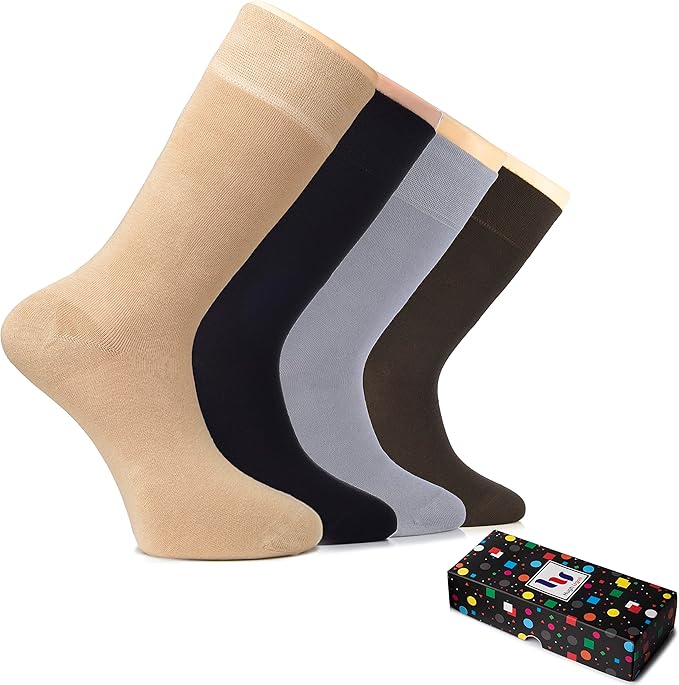 Hugh Ugoli Men's Bamboo Dress Socks for Business & Trouser, Thin & Seamless Crew Socks, 4 Pairs with Gift Box, Shoe Size 8-12