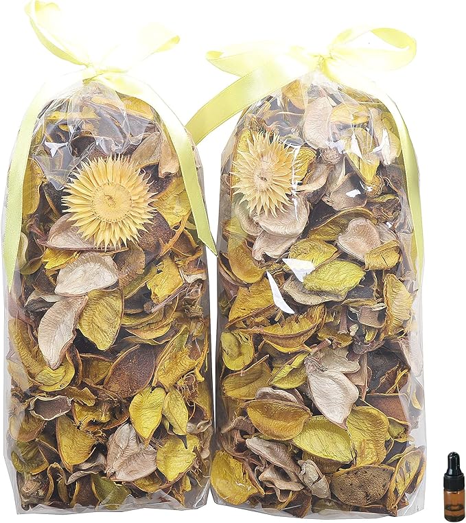 Qingbei Rina Potpourri Bowl Filler, Lemon Scented Potpourri Bags,Yellow Decorative Dried Flowers, Home Fragrance Perfume Petal,Vase Decor,2 Bags,8.4 oz