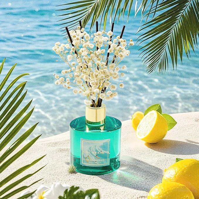 COCORRÍNA Reed Diffuser - Hawaii Melody 6.7 Fl.oz Reed Diffuser Set with 8 Sticks & Preserved Baby's Breath, Reed Diffuser for Home Bathroom Shelf Decor