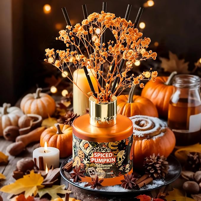 Airkeep Reed Diffuser Set,3.38 fl oz (100 ml) - Spiced Pumpkin Oil Diffusers with 8 Reed Sticks, Home Fragrance Reed Diffuser for Bathroom Shelf Decor