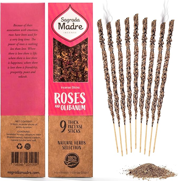 9 pcs Wildly Harvested - Rose & Olibanum/Frankincense Incense Sticks, 7" Long - Thick Aromatic Incense Sticks (45-55 min Burning Time) to Neutralize Negative Energies & Harmonizing Space