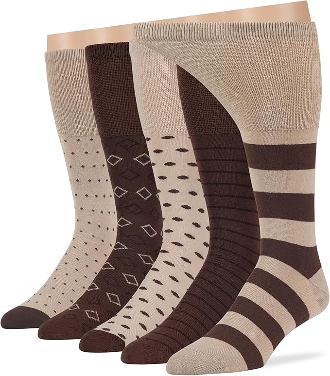 7BigStars Kingdom Men's Diabetic Seamless Cotton Mid Calf Socks - 5 Pack Large - Stripe Pattern - Sock Size 10-13 Shoe Size 9-12 L Dark Brown, Brown, Beige, Light Beige